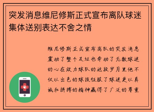 突发消息维尼修斯正式宣布离队球迷集体送别表达不舍之情